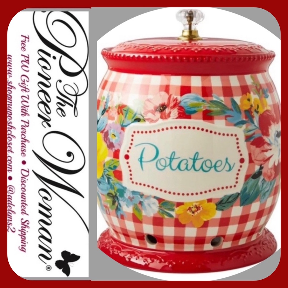 ๐บ New The Pioneer Woman Potato's Vegetable Keeper Canister Red Gingham Checks - Picture 5 of 6